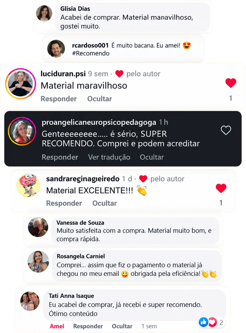 Depoimentos de clientes que compraram o material